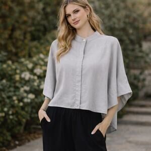 Bryn Walker SZ L 100% Cotton Short Sleeve Poncho Style Button Up Shirt LT Gray